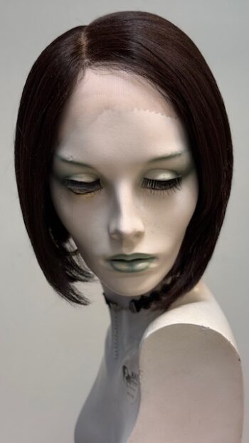 A mannequin with dark hair and green eyes.