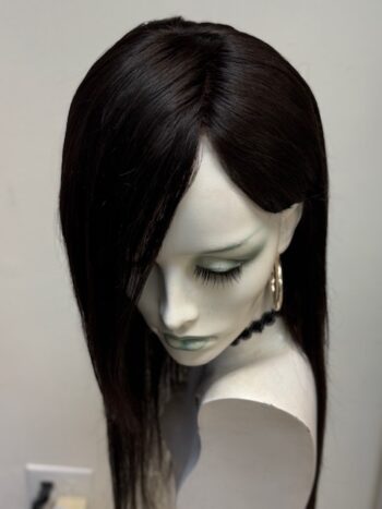 A mannequin head with long black hair and a necklace.