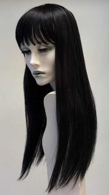 A mannequin with long black hair and bangs.