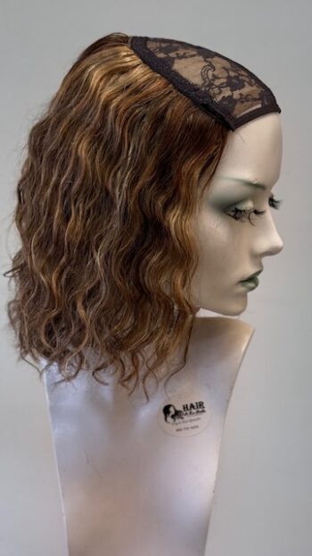 A mannequin head with long hair and green eyes.