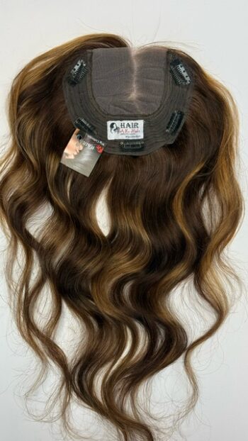 A wig with long hair is shown on the back of it.