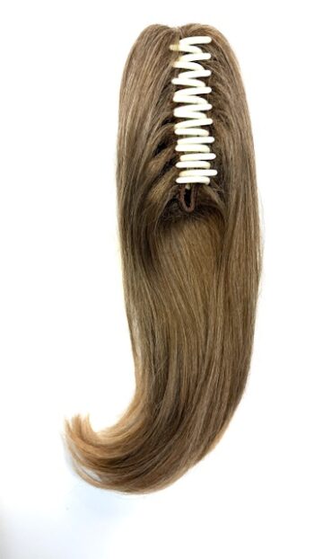 A long brown ponytail with white hair clips.