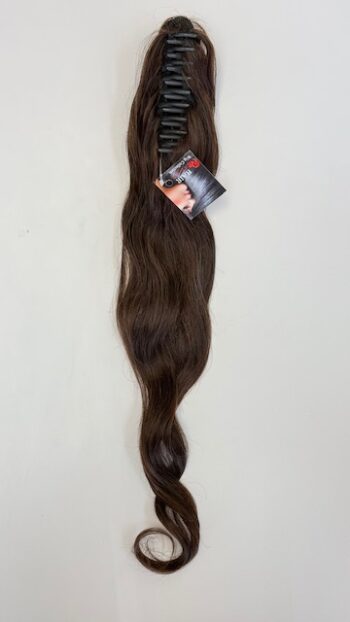 A long brown hair extension with tags attached.