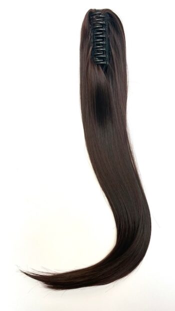 A long brown hair is hanging up and there are no other hair products.