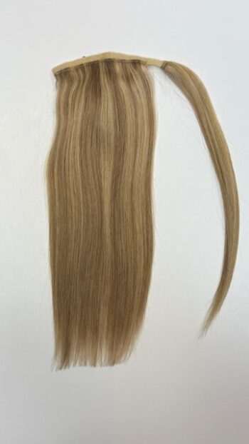 A blonde ponytail with long hair on top.