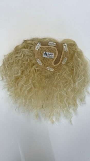 A blonde wig with long curly hair on top.