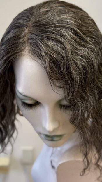 A close up of a mannequin head with long hair