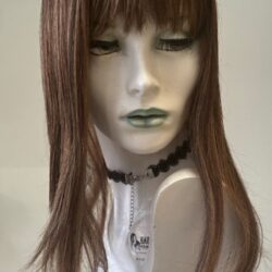 A mannequin head with long brown hair and bangs.